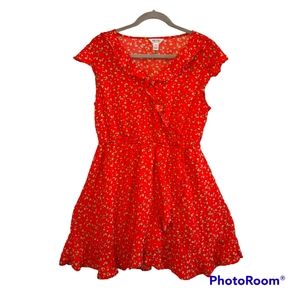 Arizona Cap Sleeved Red Cherry Print Faux Wrap Dress Ruffle Size Large